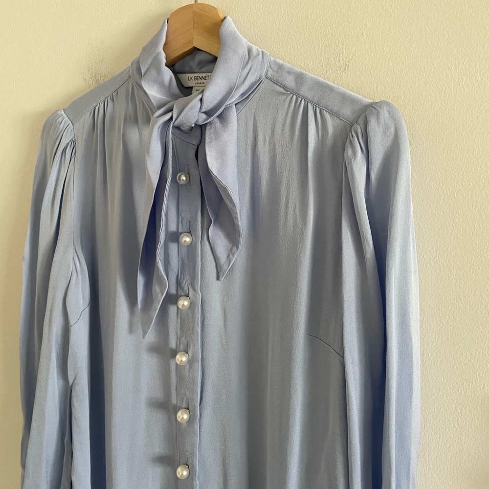 LK Bennett London Hall Tie Neck Blouse Women’s 8 Periwinkle Blue Puff Sleeve - Picture 3 of 8